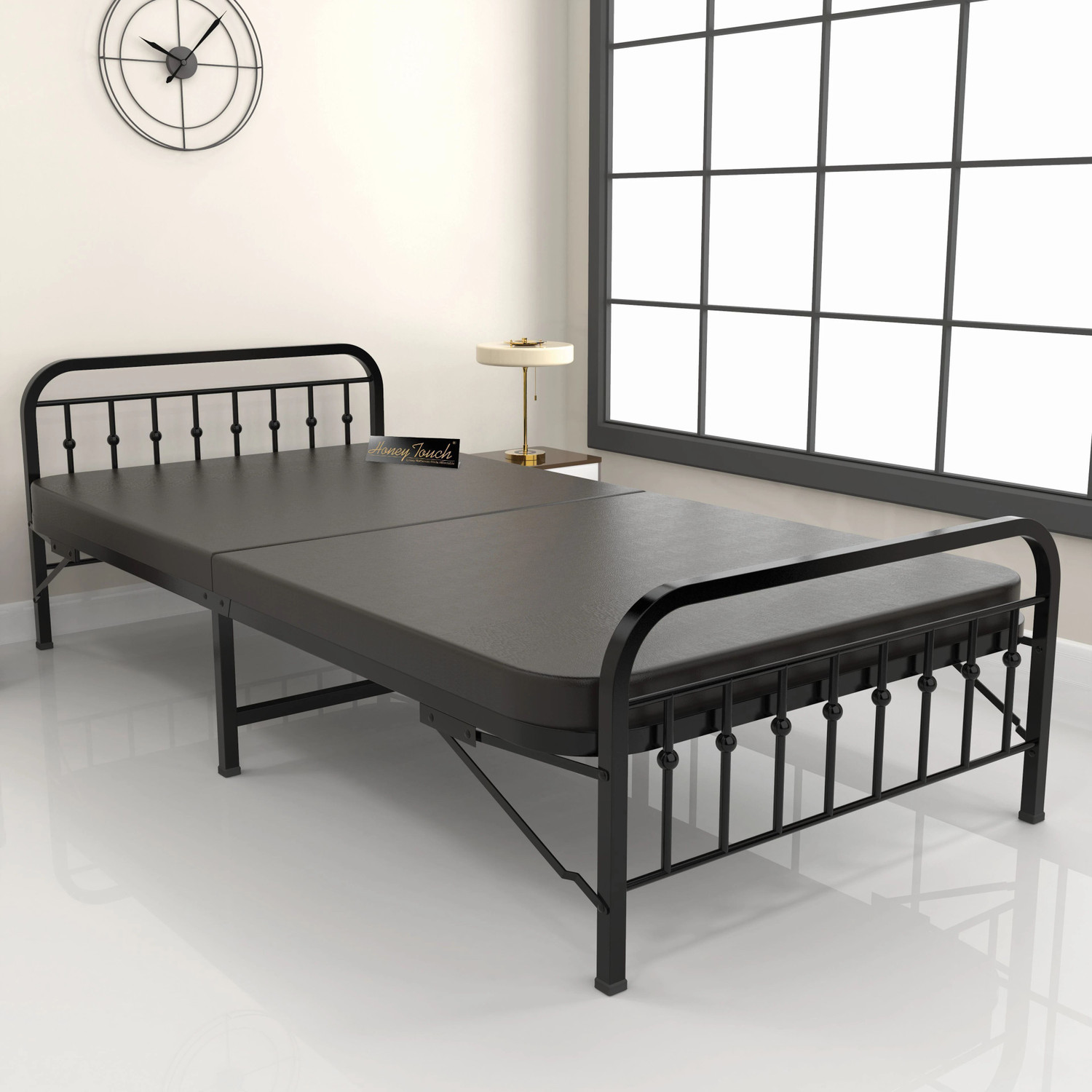 Image of HoneyTouch Nova Folding Bed Single with Mattress| No Assembly Required | Metal Single Bed, 190 cm x 91 cm (6.23 ft x 2.99 ft)