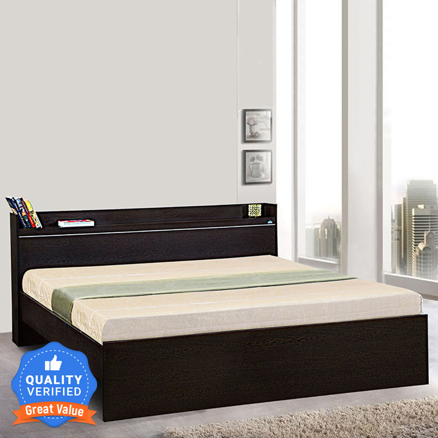 Image of Delite Kom Plum with open shelf headboard Engineered Wood Queen Bed, 213.3 cm x 160.6 cm (7.0 ft x 5.27 ft)