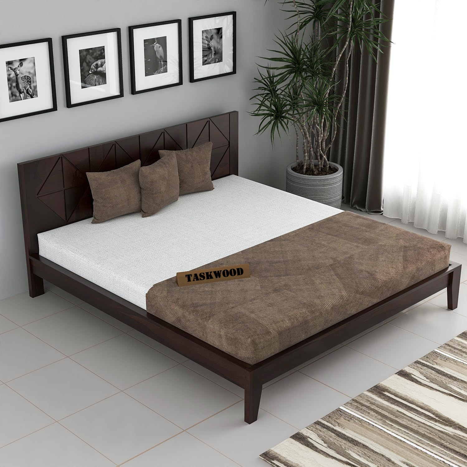 Image of Taskwood Furniture Solid Sheesham Wood Wooden King Size Bed With CNC Design Headboard For Bedroom. Solid Wood King Bed, 205 cm x 187 cm (6.73 ft x 6.14 ft)