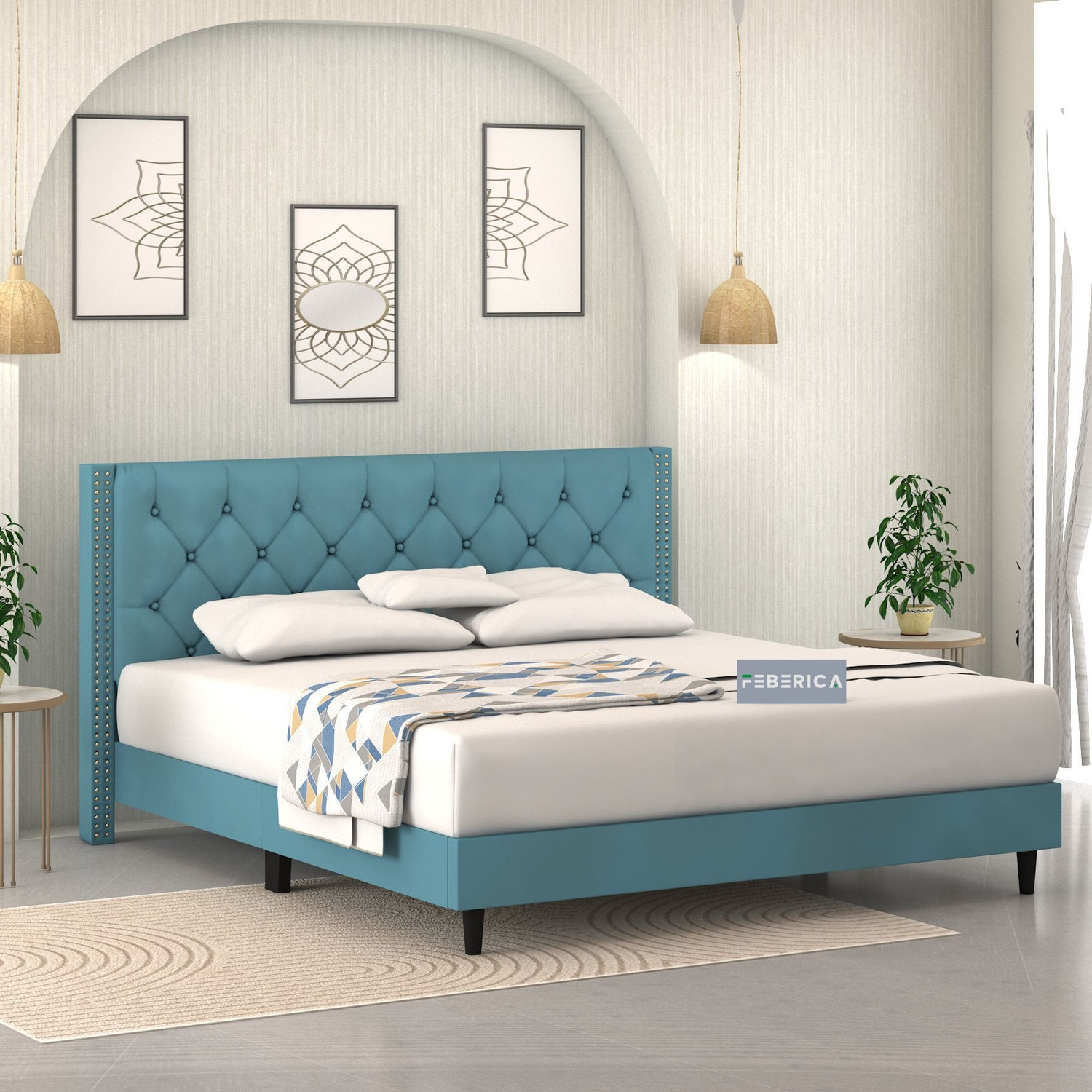 Image of FEBERICA Engineered Wood Fabric King Size Bed with Upholstered Headboard for Bedroom | Engineered Wood King Bed, 190.5 cm x 210.82 cm (6.25 ft x 6.92 ft)