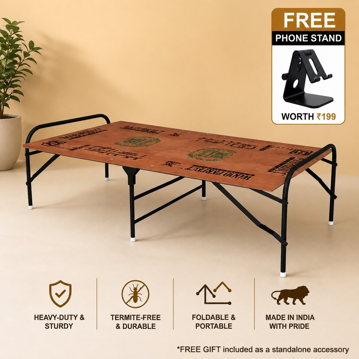 Image of KOMPORTO Premium Metal Single Bed Special Size with Free Mobile Stand Solid Wood Single Bed, 91 cm x 182 cm (2.99 ft x 5.97 ft)