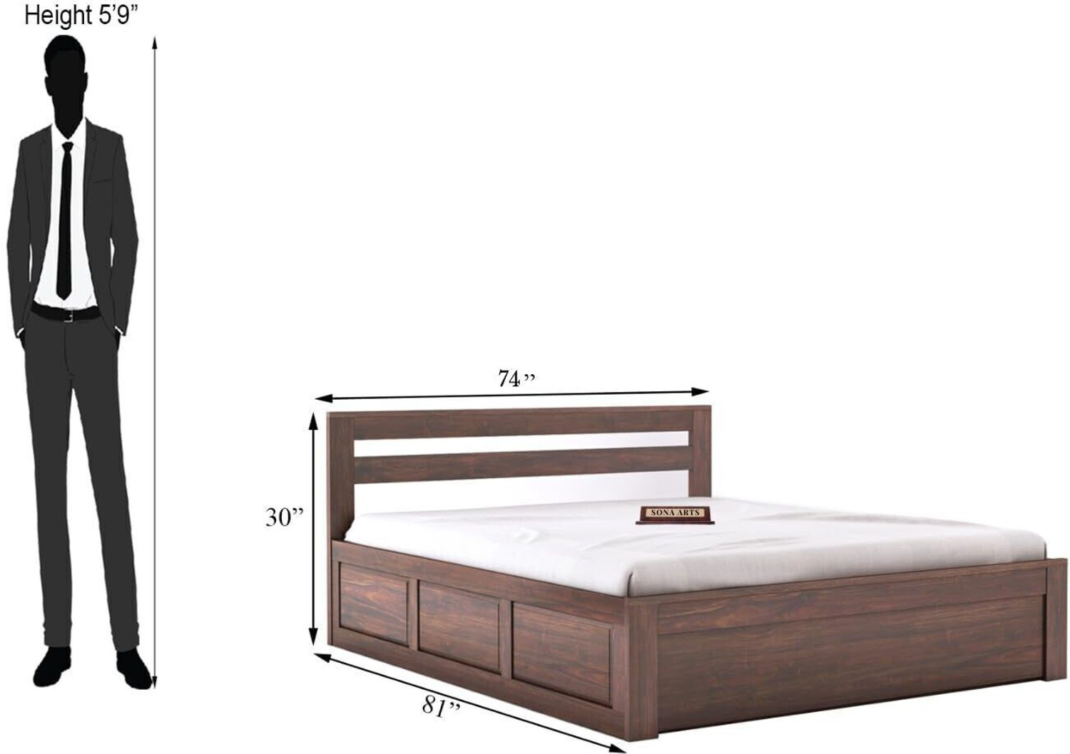Image of SONA ART & CRAFTS Eros Sheesham Wood King Size Bed with Storage Box Solid Wood King Box Bed, 205.74 cm x 187.96 cm (6.75 ft x 6.17 ft)