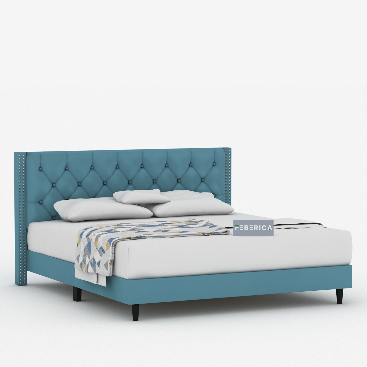 Image of FEBERICA Engineered Wood Fabric King Size Bed with Upholstered Headboard for Bedroom | Engineered Wood King Bed, 190.5 cm x 210.82 cm (6.25 ft x 6.92 ft)