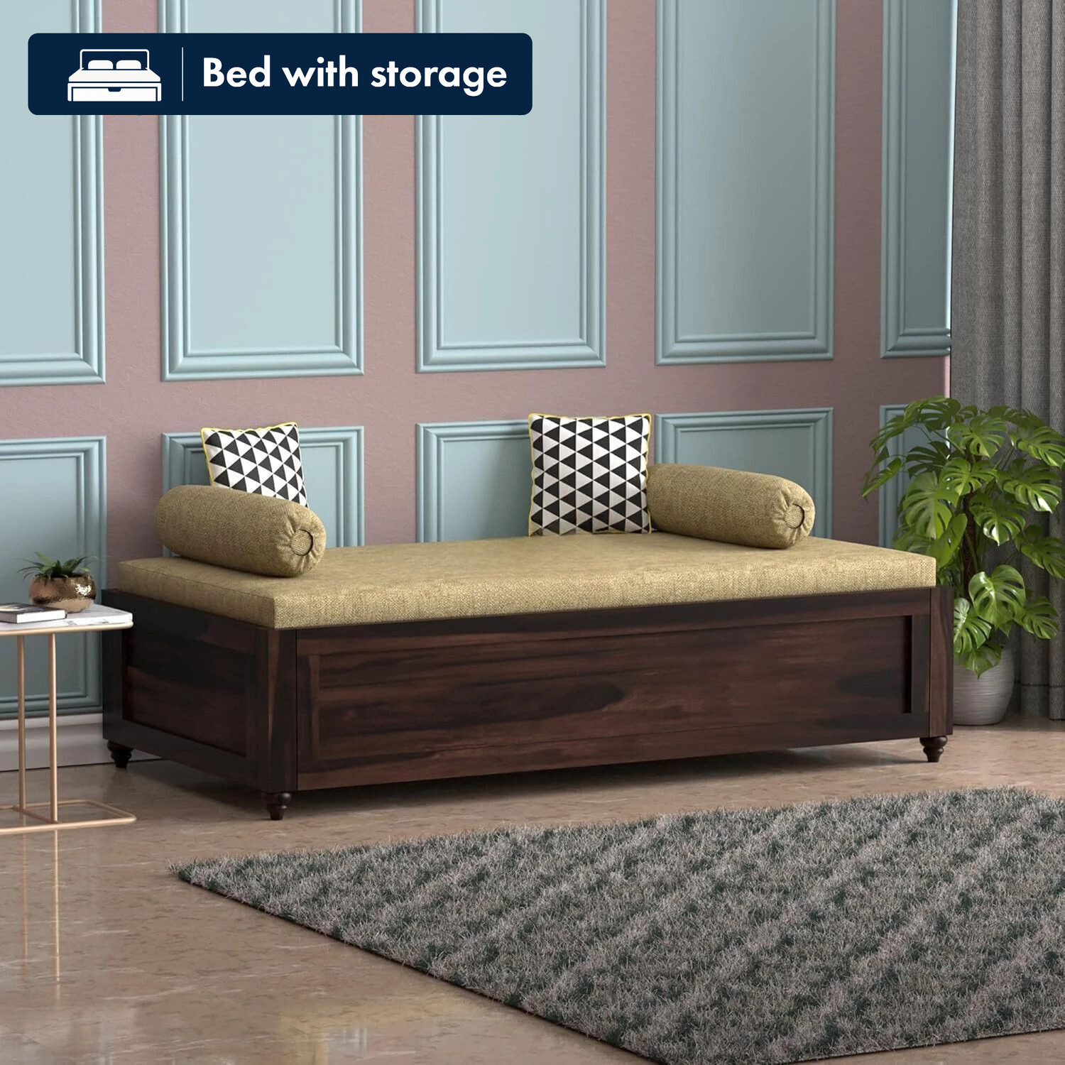 Image of Banshi Solid Sheesham Wood Diwan / Single Bed with Storage Box |Heavy Duty Wooden Frame Solid Wood Single Box Bed, 90 cm x 174 cm (2.95 ft x 5.71 ft)