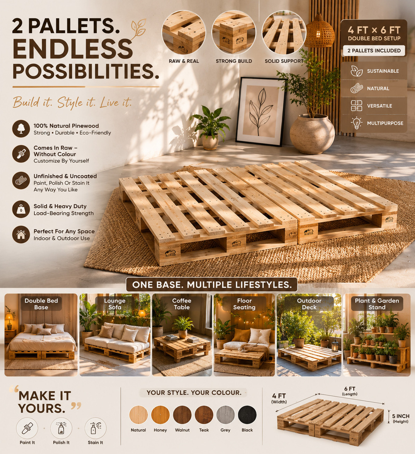 Image of The lkea wakeflow pallet bed premium customizable style italian Engineered Wood Single Bed, 91 cm x 91 cm (2.99 ft x 2.99 ft)
