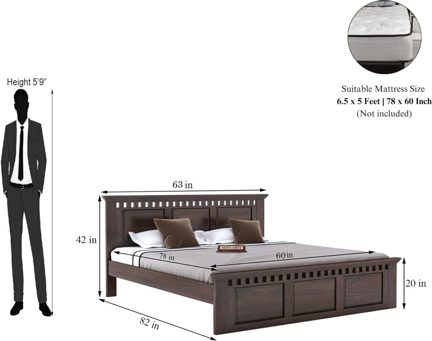 Image of SONA ART & CRAFTS Kuber Sheesham Wood Queen Size Bed Without Storage Solid Wood Queen Bed, 208 cm x 160 cm (6.82 ft x 5.25 ft)