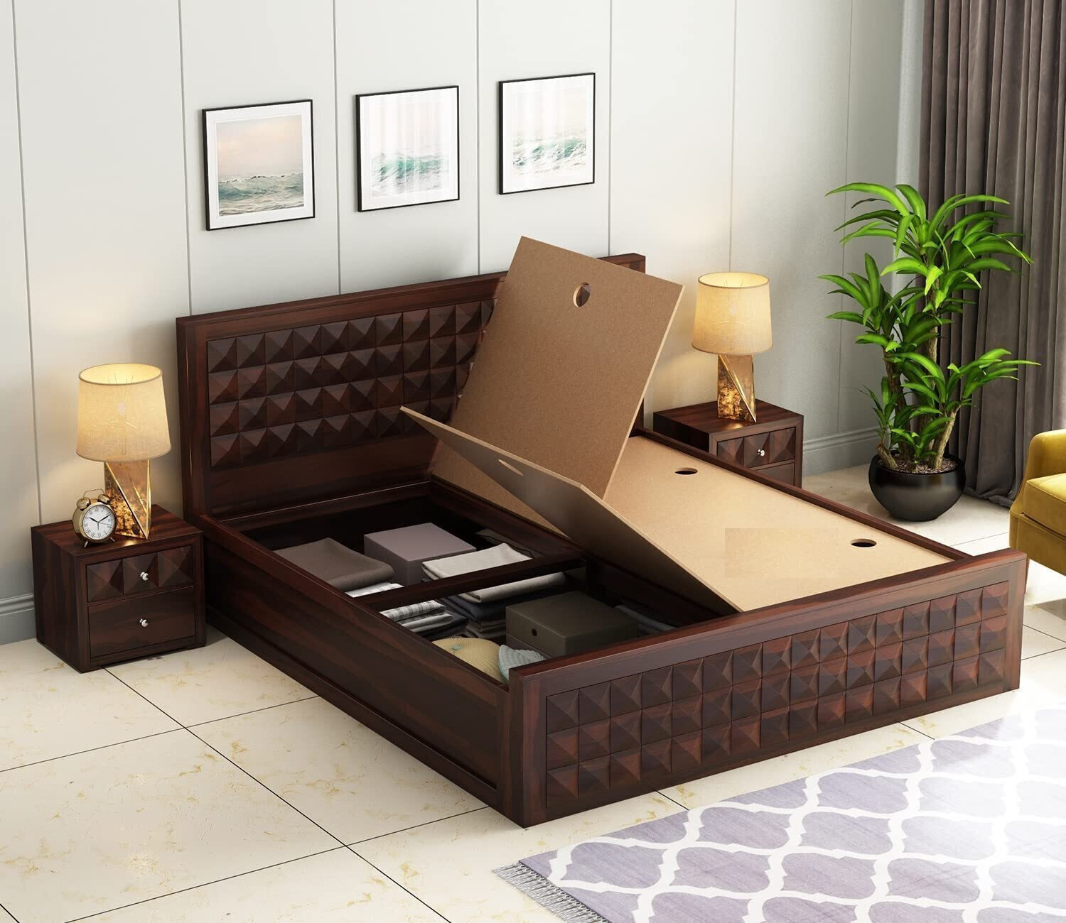 Image of Flipkart Perfect Homes Diamond Solid Wood King Box Bed, 213.36 cm x 190.5 cm (7.0 ft x 6.25 ft)