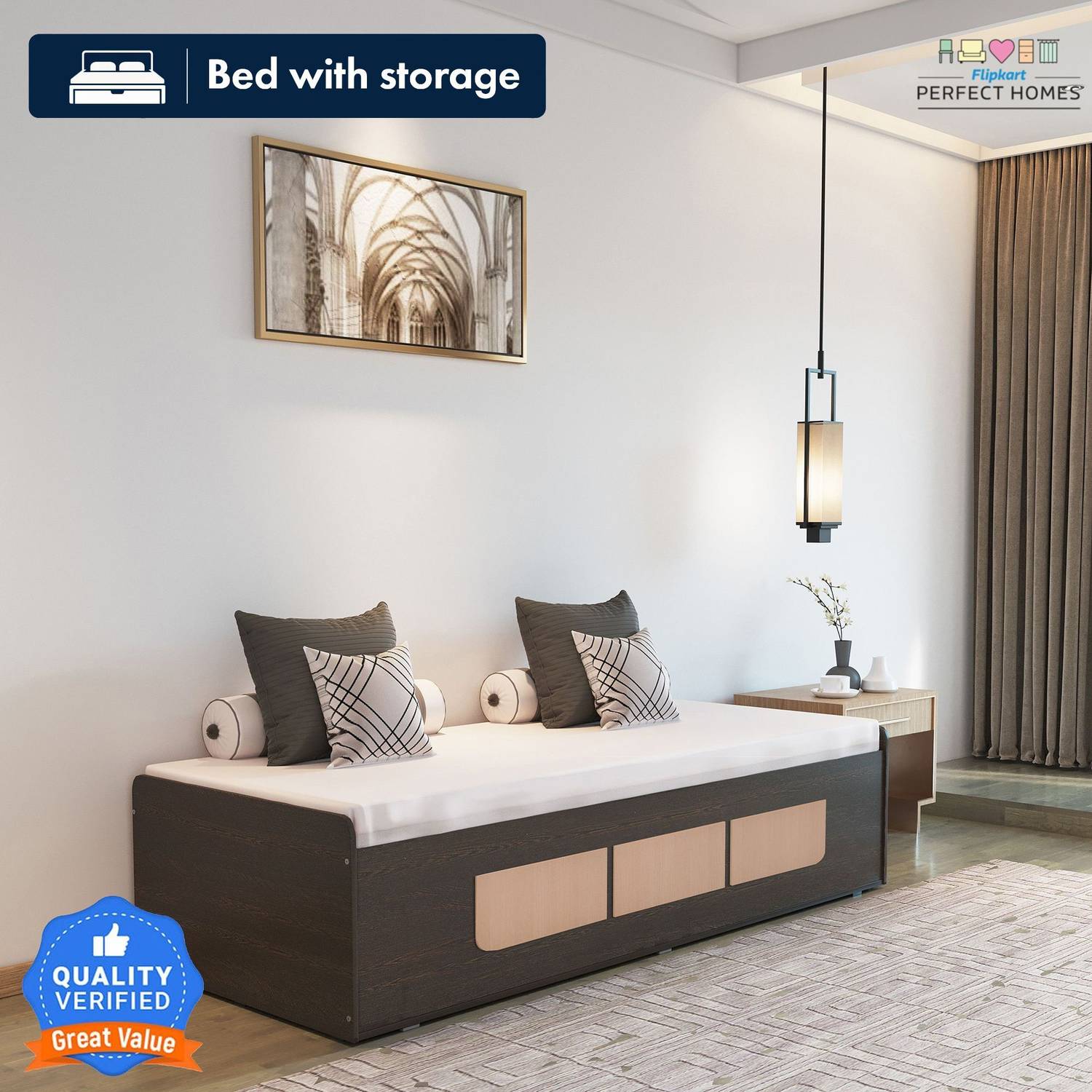 Flipkart Perfect Homes Quintus Engineered Wood Single Box Bed, 186 cm x 80.7 cm (6.1 ft x 2.65 ft)