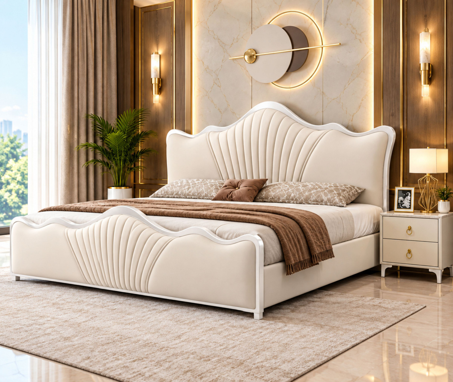 Image of KAREEGAR ANSH BED With SUEDE Fabric Headboard & Footboard For Bedroom /Hotel /Living Room Solid Wood King Box Bed, 184 cm x 183 cm (6.04 ft x 6.0 ft) (Finish Color - BEIGE, Delivery Condition - DIY(Do-It-Yourself))