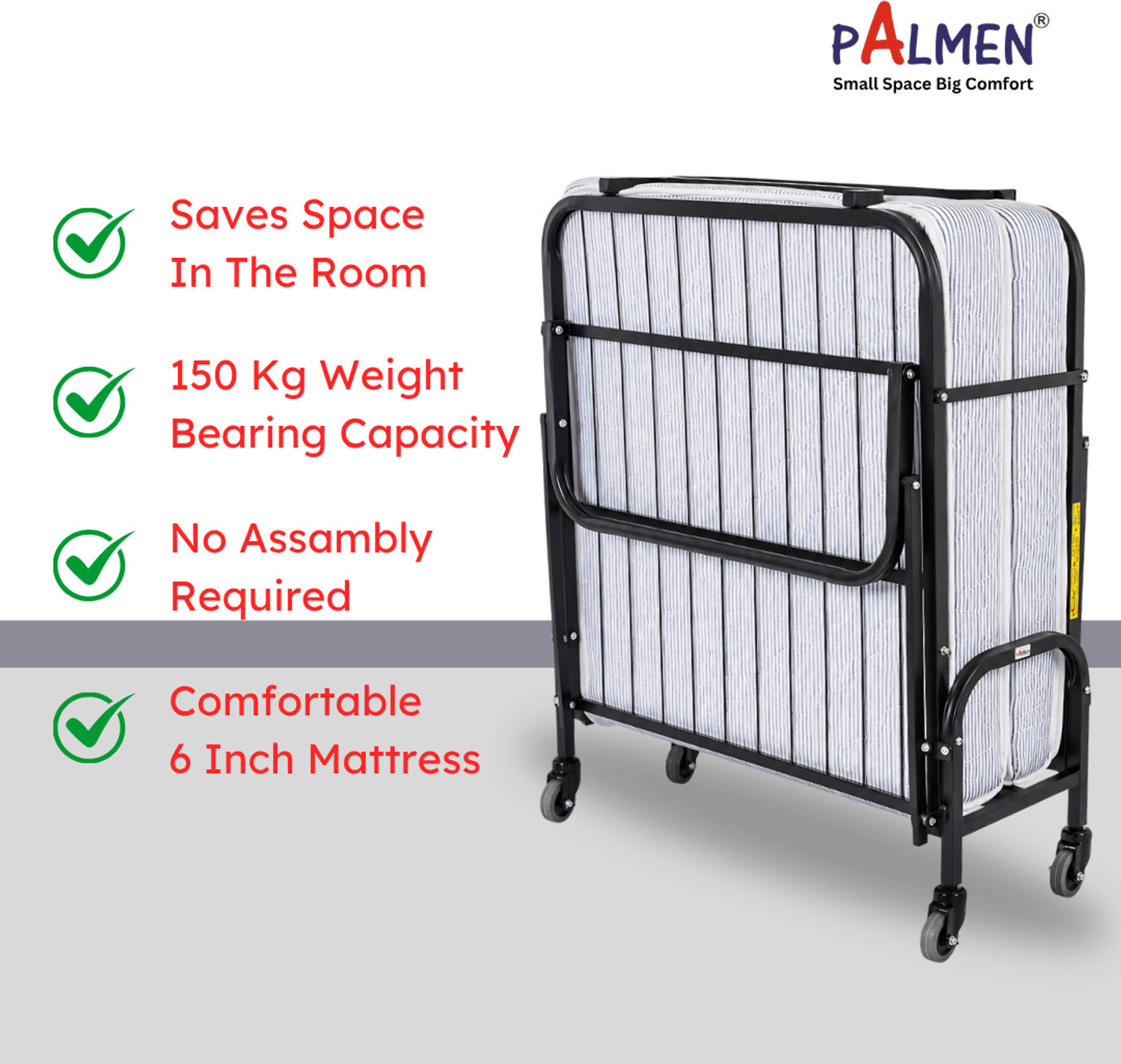 Image of Palmen Vento Folding Rollaway with 6 inches Foam Mattress Metal Single Bed, 190 cm x 91 cm (6.23 ft x 2.99 ft)
