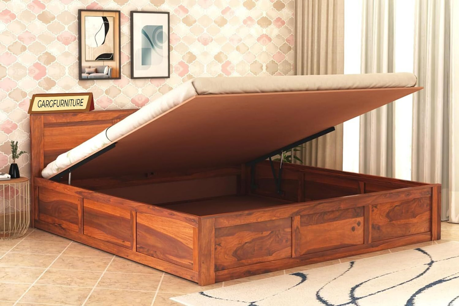 Image of GARGHANDICRAFTS Sheesham Wood Bed /Cot Bed /Palang For Bed Room /Home /Hotel Solid Wood Queen Hydraulic Bed, 205 cm x 160 cm (6.73 ft x 5.25 ft)