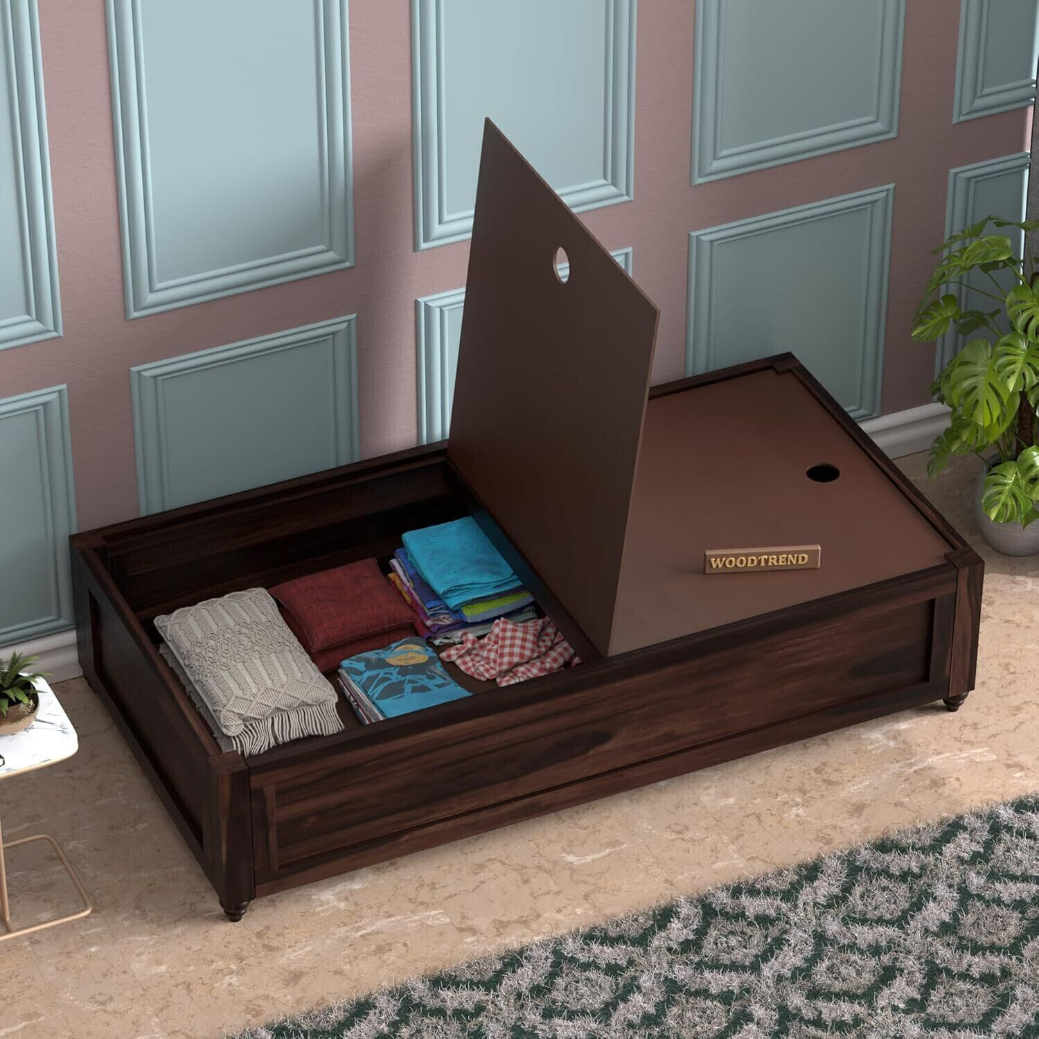 Image of Banshi Solid Sheesham Wood Diwan / Single Bed with Storage Box |Heavy Duty Wooden Frame Solid Wood Single Box Bed, 90 cm x 174 cm (2.95 ft x 5.71 ft)