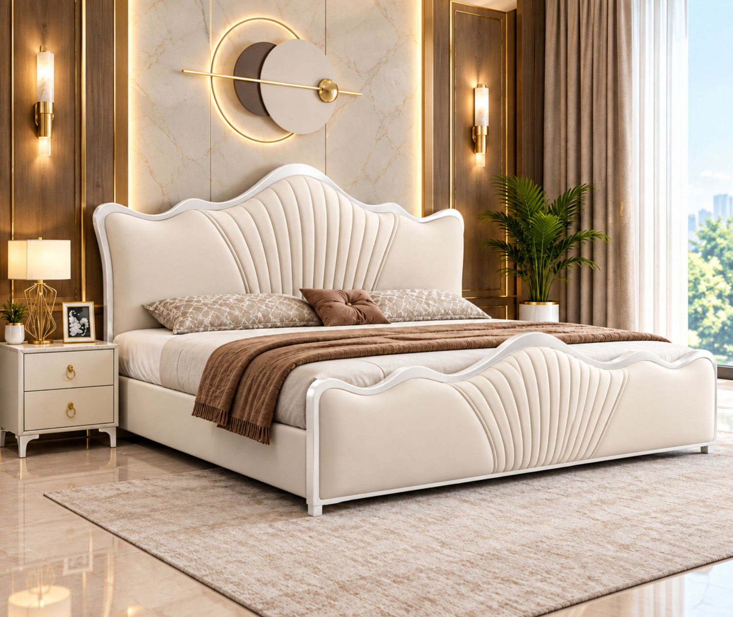 Image of KAREEGAR ANSH BED With SUEDE Fabric Headboard & Footboard For Bedroom /Hotel /Living Room Solid Wood King Box Bed, 184 cm x 183 cm (6.04 ft x 6.0 ft) (Finish Color - BEIGE, Delivery Condition - DIY(Do-It-Yourself))