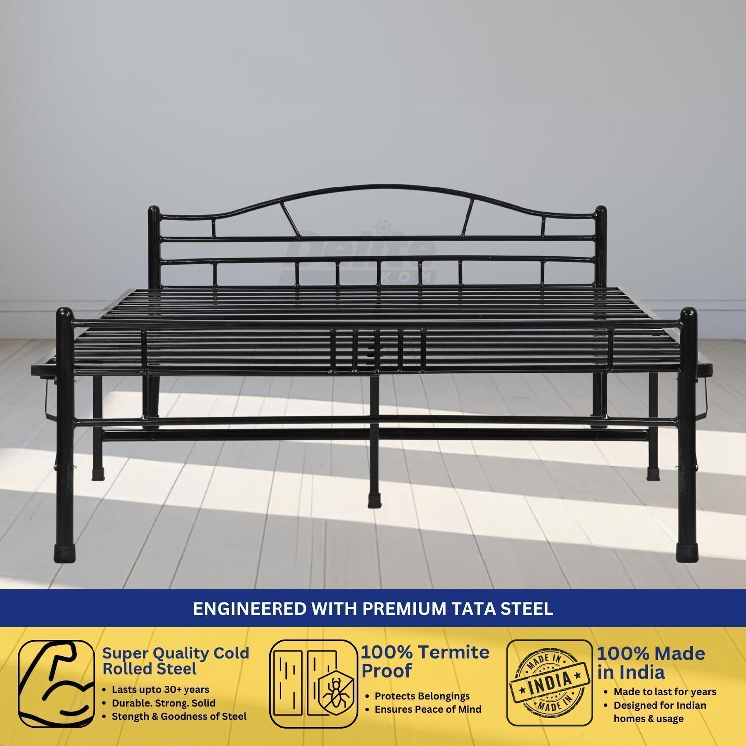 Image of Delite Kom Lyra Foldable Metal Double Bed (6.7x4ft) | No Install | 1 Year Warranty | Strong Metal Double Bed, 204.5 cm x 122 cm (6.71 ft x 4.0 ft)