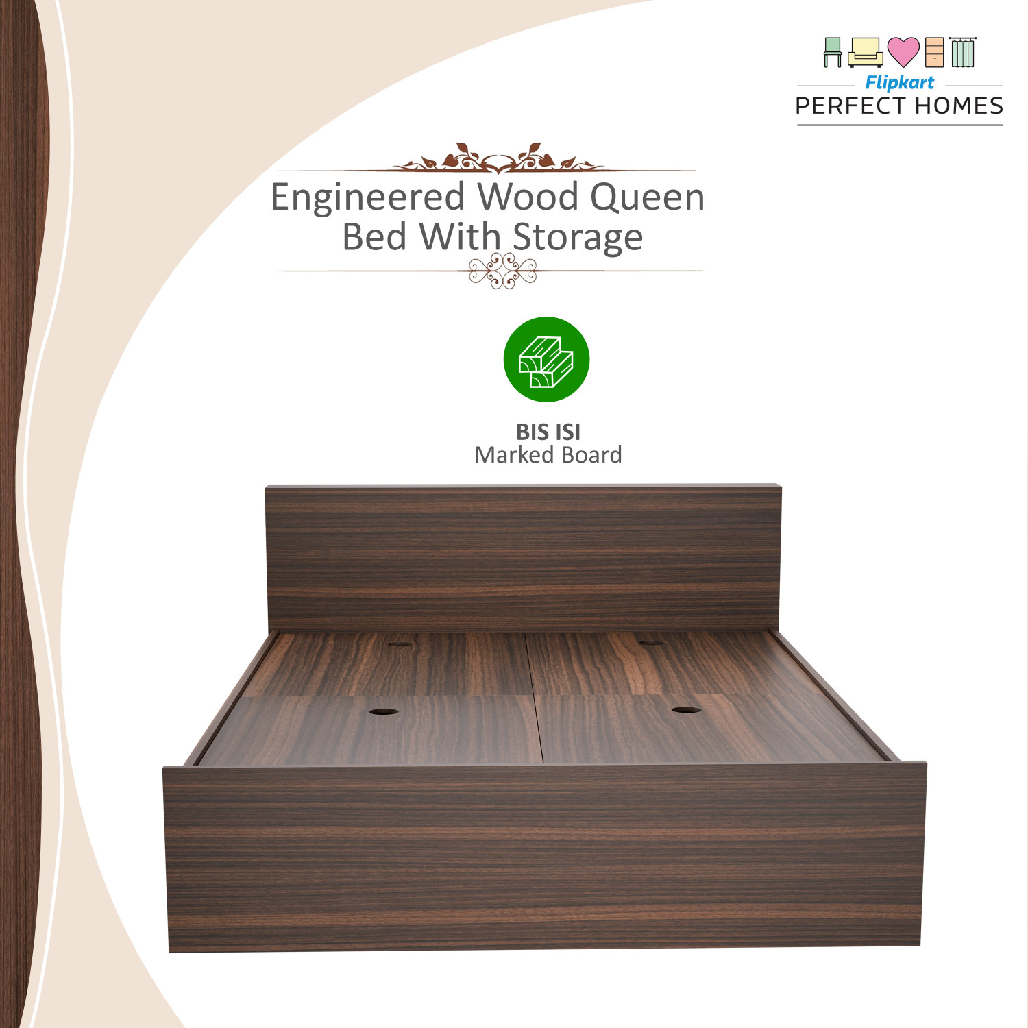 Image of Flipkart Perfect Homes Elysian Engineered Wood Queen Box Bed, 159 cm x 203.8 cm (5.22 ft x 6.69 ft)