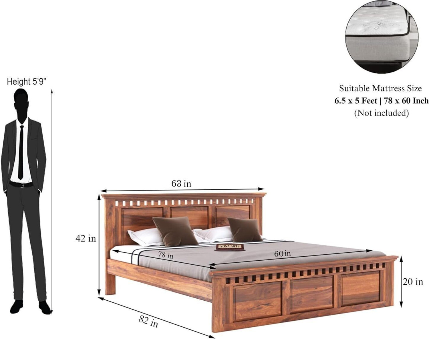 Image of SONA ART & CRAFTS Kuber Sheesham Wood Queen Size Bed Without Storage Solid Wood Queen Bed, 208 cm x 160 cm (6.82 ft x 5.25 ft)