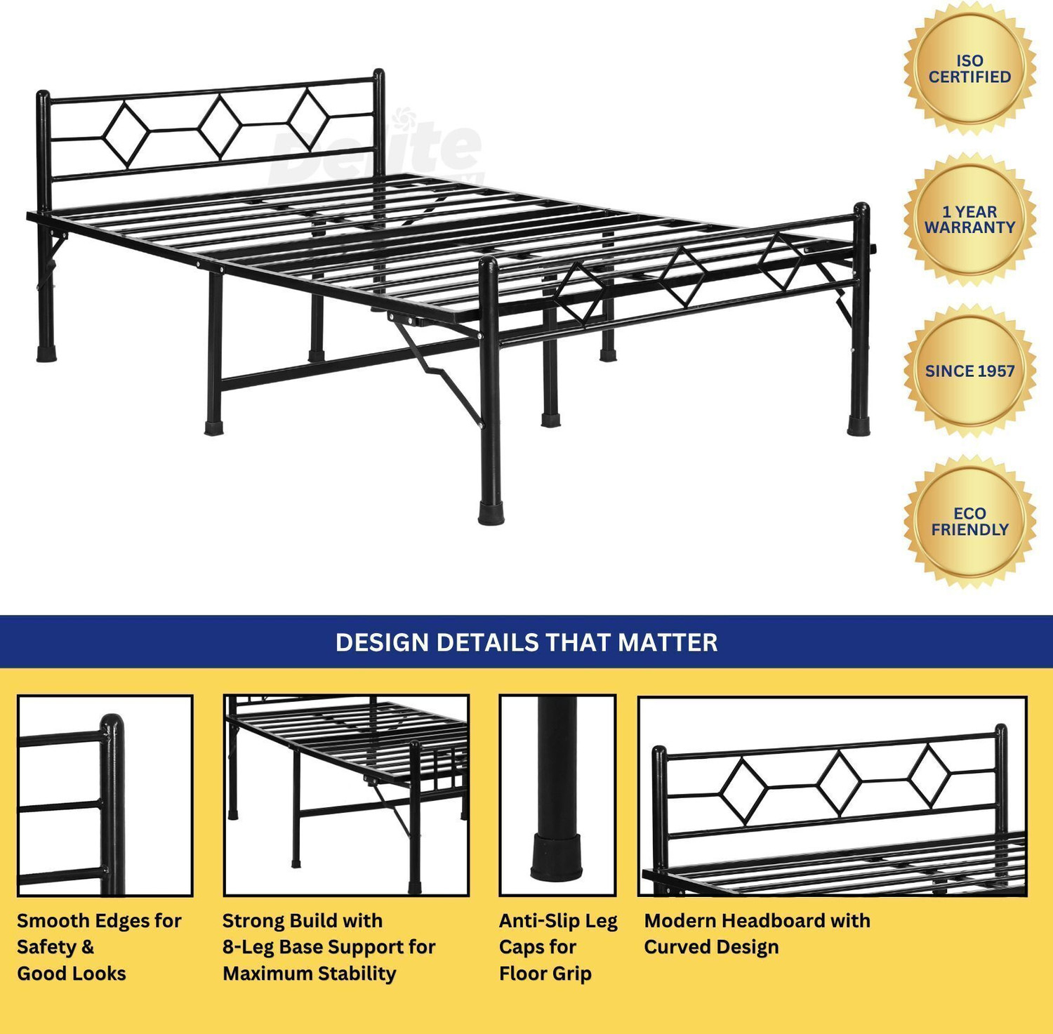 Image of Delite Kom Dory Foldable Metal Queen Bed (6.7x5ft) | Heavy Load | 1 Year Warranty | Strong Metal Queen Bed, 195.5 cm x 153 cm (6.41 ft x 5.02 ft)