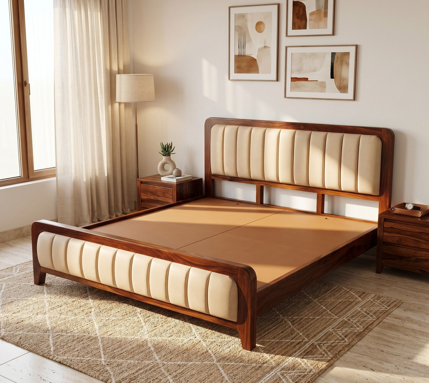 Image of Suncrown Furniture Sheesham Wood Double Bed with Cushioned Headboard & Footboard Without Storage | Solid Wood King Bed, 208.28 cm x 187.96 cm (6.83 ft x 6.17 ft) (Finish Color - Natural Honey, Delivery Condition - DIY(Do-It-Yourself))