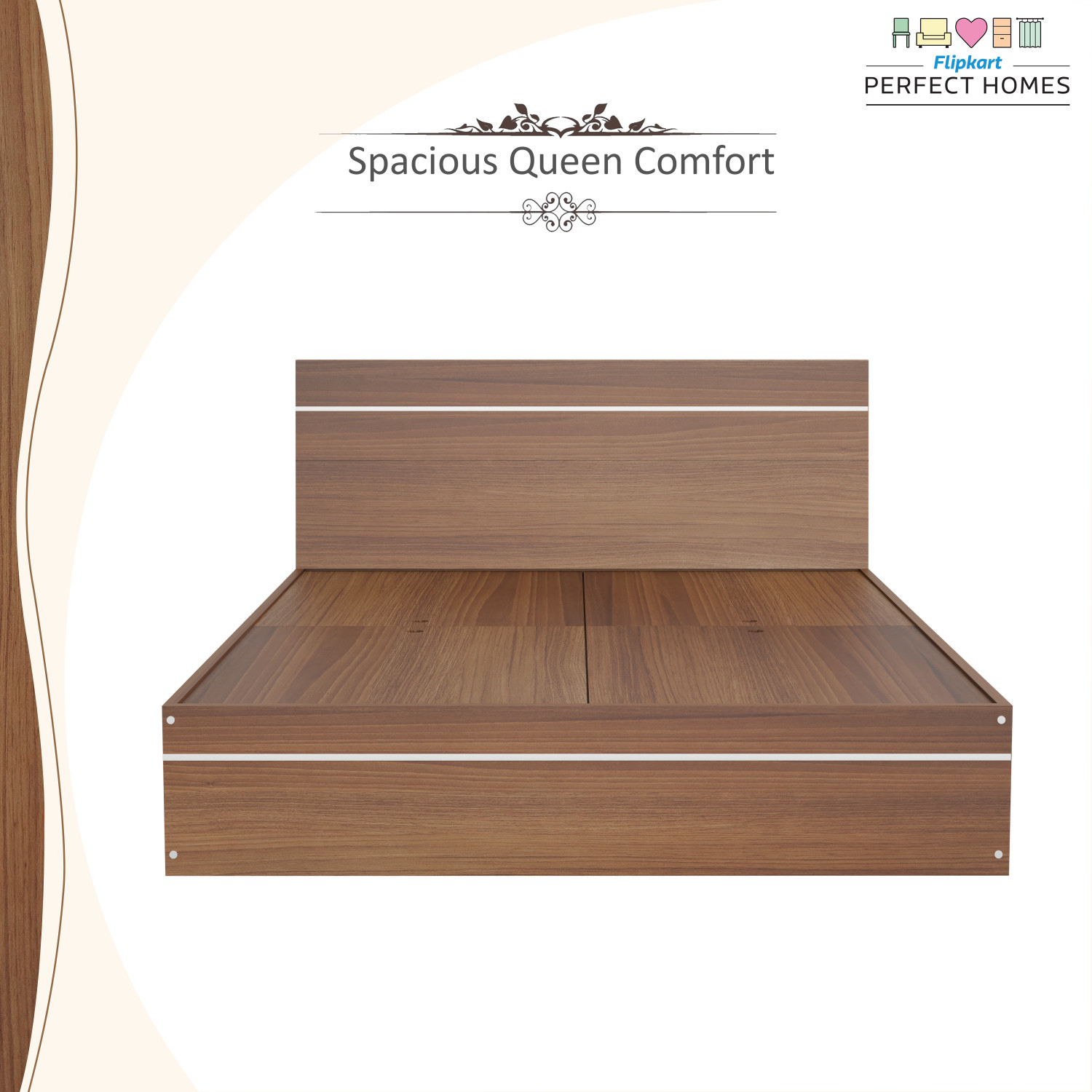 Image of Flipkart Perfect Homes Birmingham Engineered Wood Queen Bed, 1980 mm x 157 cm (64.96 ft x 5.15 ft)