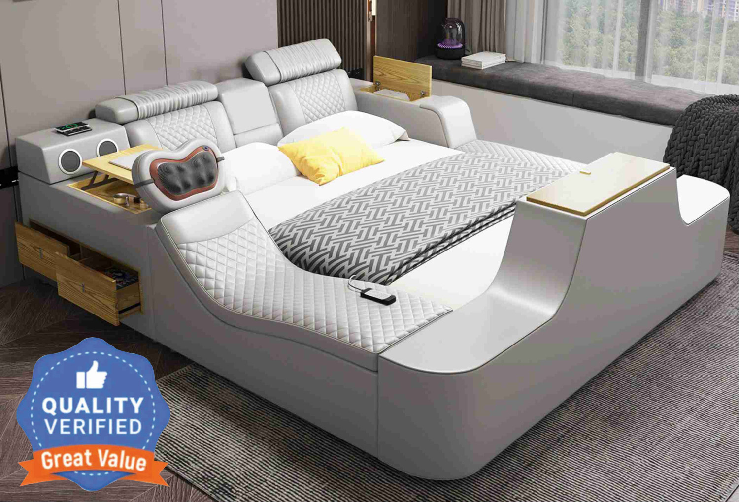 Image of alishaank MULTI FUNCTIONAL SMART BED WITH SMART T.V. BODY MASSAGER MUSIC SYSTEM Etc. Solid Wood King Box, Hydraulic Bed, 185 cm x 185 cm (6.07 ft x 6.07 ft)