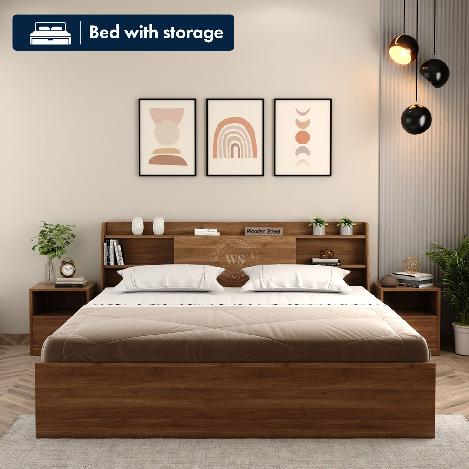 Image of Wooden Street Celestia Engineered Wood Bed With Hydraulic Storage (King Size, CWF) Engineered Wood King Box Bed, 208.2 cm x 187.9 cm (6.83 ft x 6.16 ft)