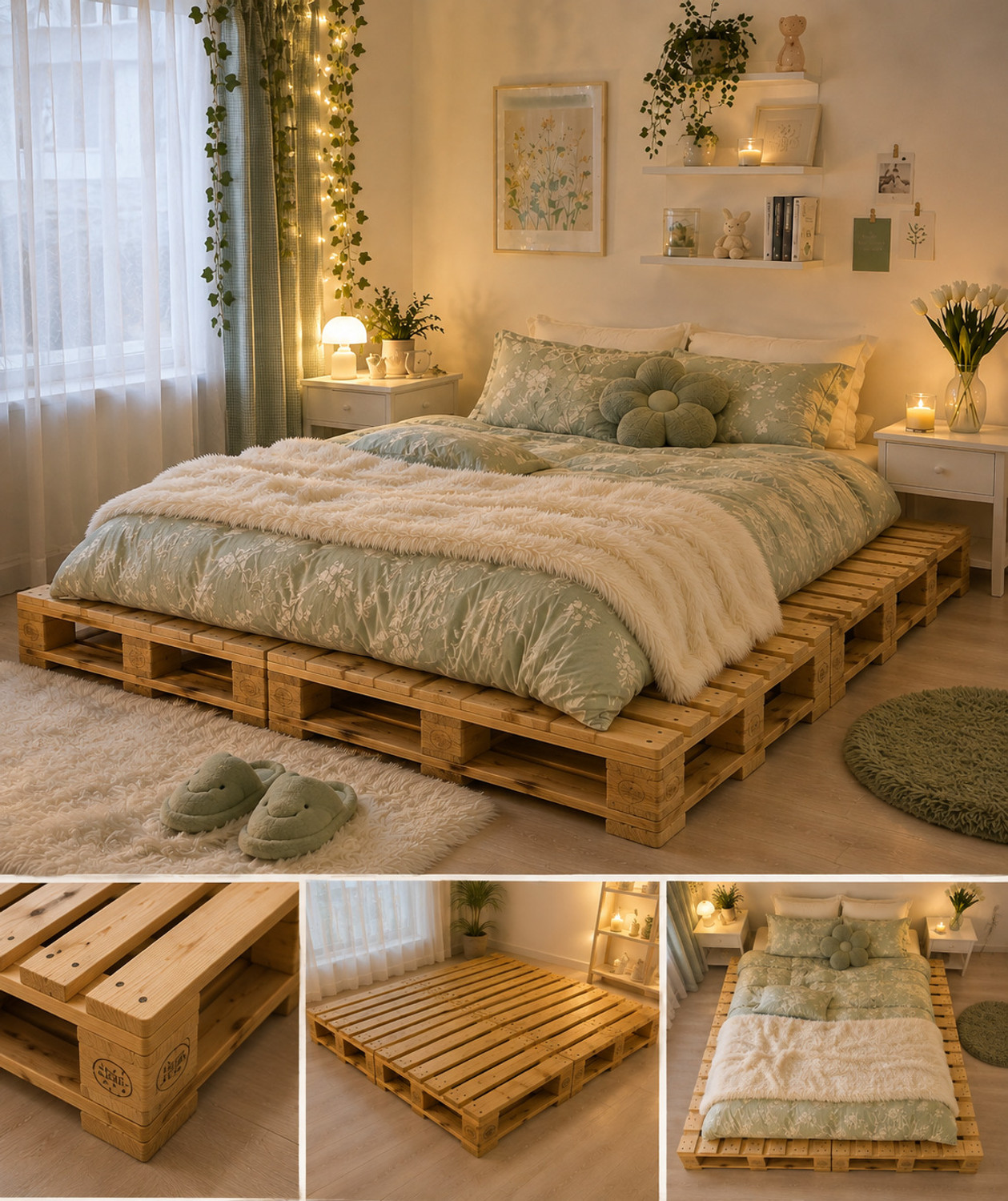 Image of Knowk knock Beautiful Nordic 4x6 ft Pine Wood Pallet Bed Rustic Modern Wooden Furniture Solid Wood Double Bed, 183 cm x 122 cm (6.0 ft x 4.0 ft)