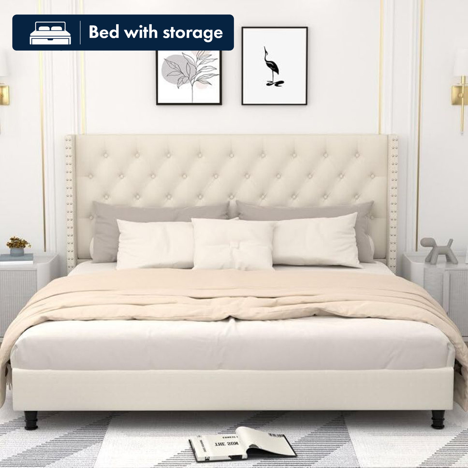 Image of Taskwood Furniture Fabric King Size Bed With Diamond Line Headboard Without Storage For Bedroom Engineered Wood King Bed, 211 cm x 190 cm (6.92 ft x 6.23 ft)