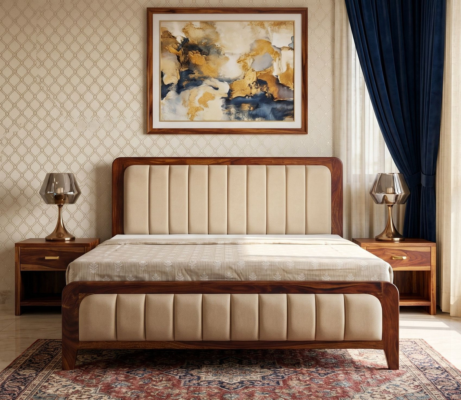 Image of Suncrown Furniture Sheesham Wood Double Bed with Cushioned Headboard & Footboard Without Storage | Solid Wood King Bed, 208.28 cm x 187.96 cm (6.83 ft x 6.17 ft) (Finish Color - Natural Honey, Delivery Condition - DIY(Do-It-Yourself))