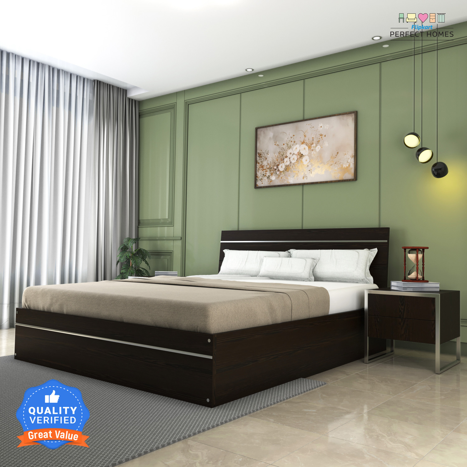 Image of Flipkart Perfect Homes Birmingham Engineered Wood King Bed, 2131 mm x 187 cm (69.91 ft x 6.14 ft)
