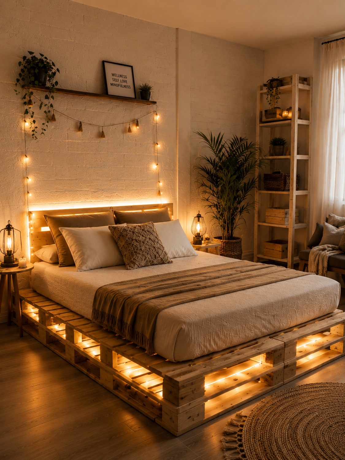 Image of wakeflt Pallet Bed with Led lights Bringing Comfort, Earthy Elegance Solid Wood Single Bed, 190 cm x 90 cm (6.23 ft x 2.95 ft)