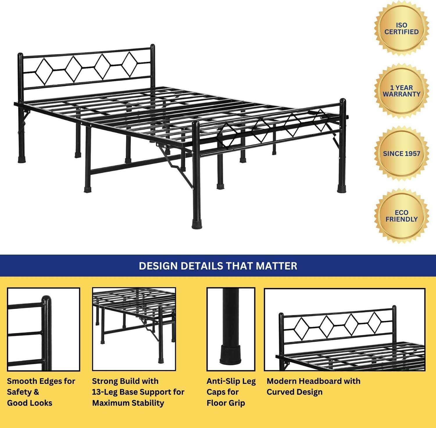 Image of Delite Kom Dory Foldable Metal King Bed (6.7x6ft) | No Install | 1 Year Warranty | Strong Metal King Bed, 195.5 cm x 183 cm (6.41 ft x 6.0 ft)