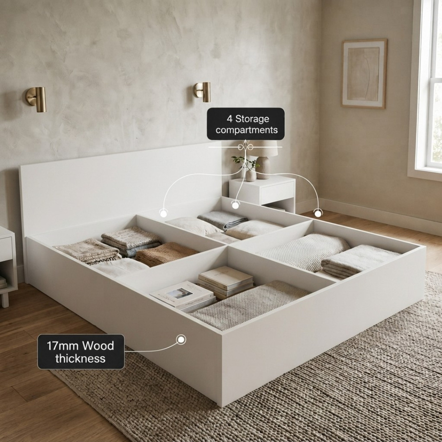 Image of Flipkart Perfect Homes Vona 17mm Thick Bedroom Furniture Engineered Wood Queen Box Bed, 210 cm x 152 cm (6.89 ft x 4.99 ft)