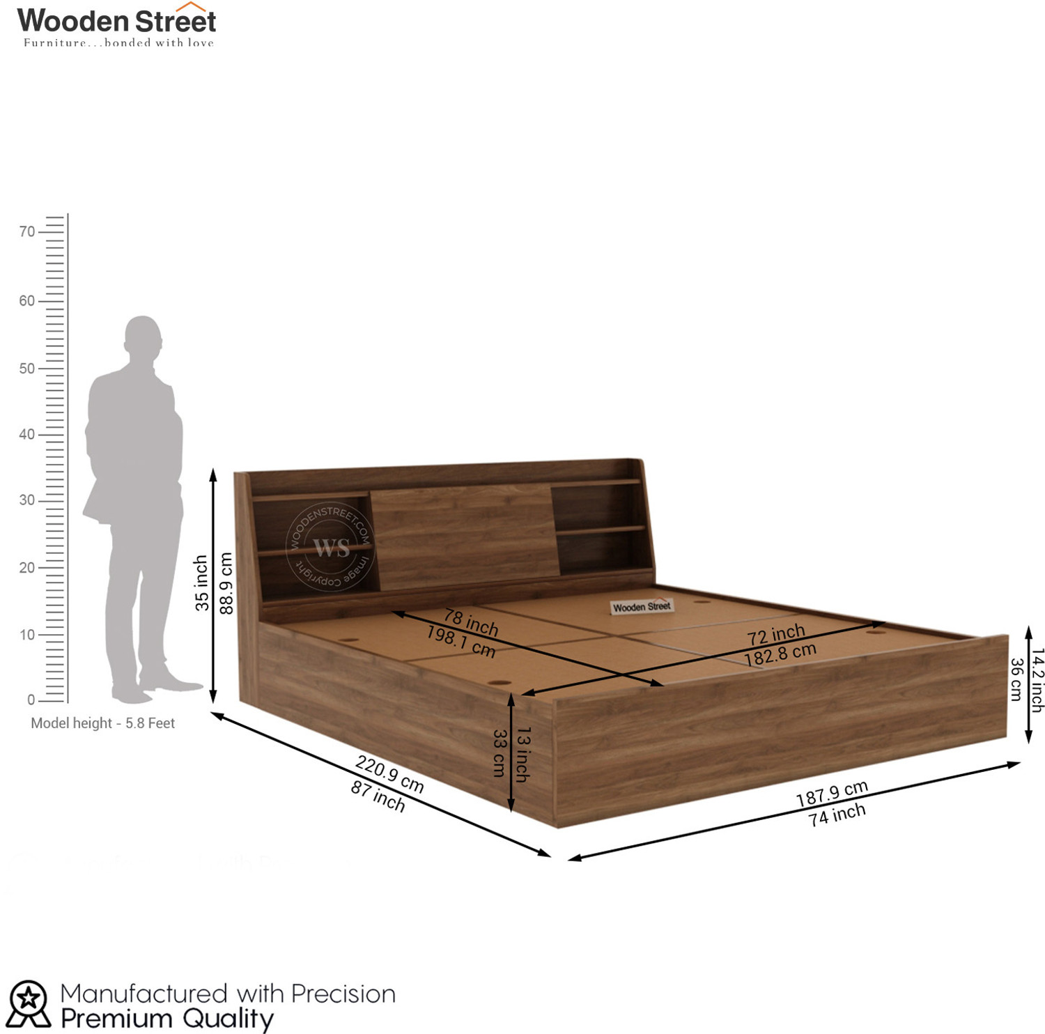 Image of Wooden Street Celestia Engineered Wood Bed With Hydraulic Storage (King Size, CWF) Engineered Wood King Box Bed, 208.2 cm x 187.9 cm (6.83 ft x 6.16 ft)