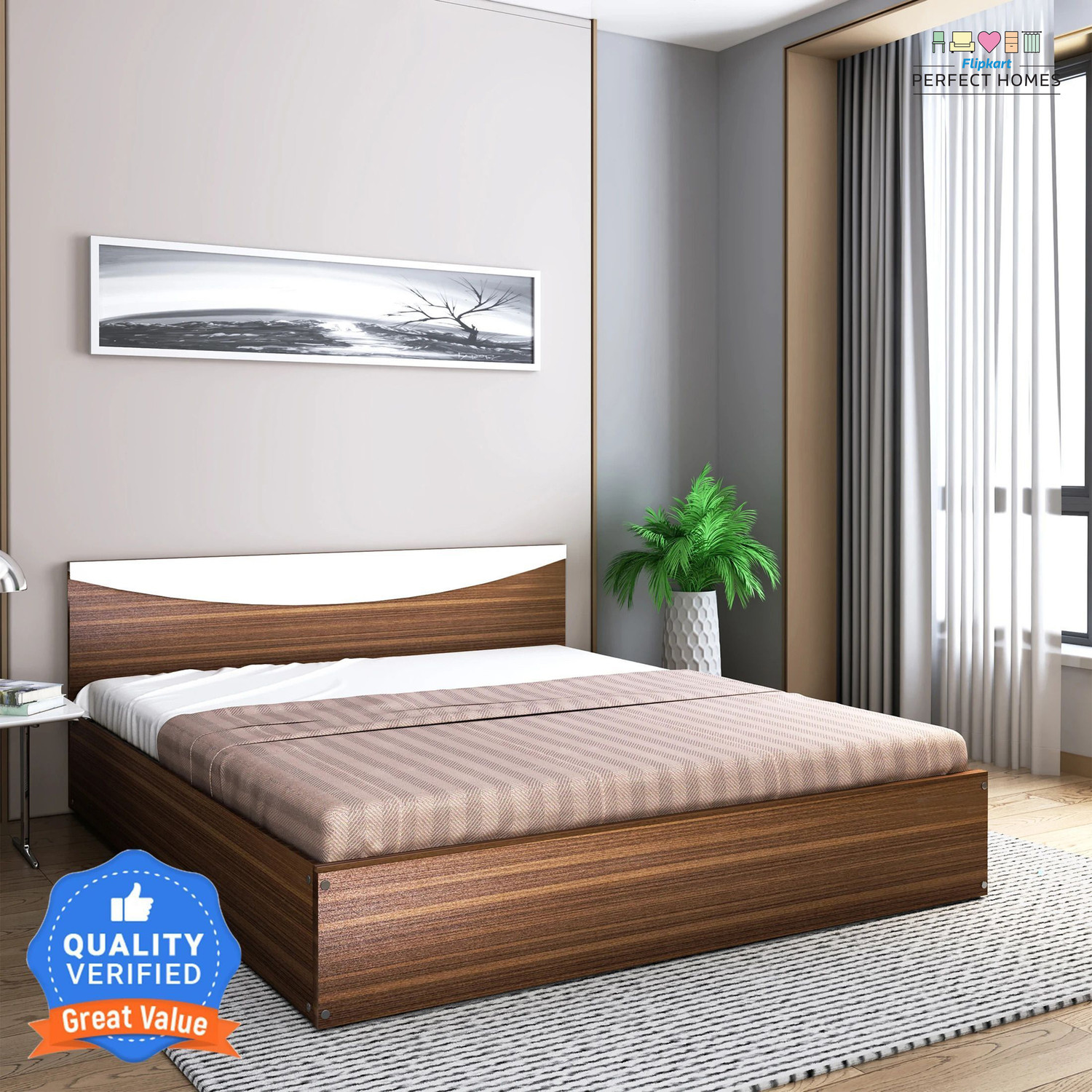 Image of Flipkart Perfect Homes Carol Engineered Wood King Bed, 203.5 cm x 190 cm (6.68 ft x 6.23 ft)
