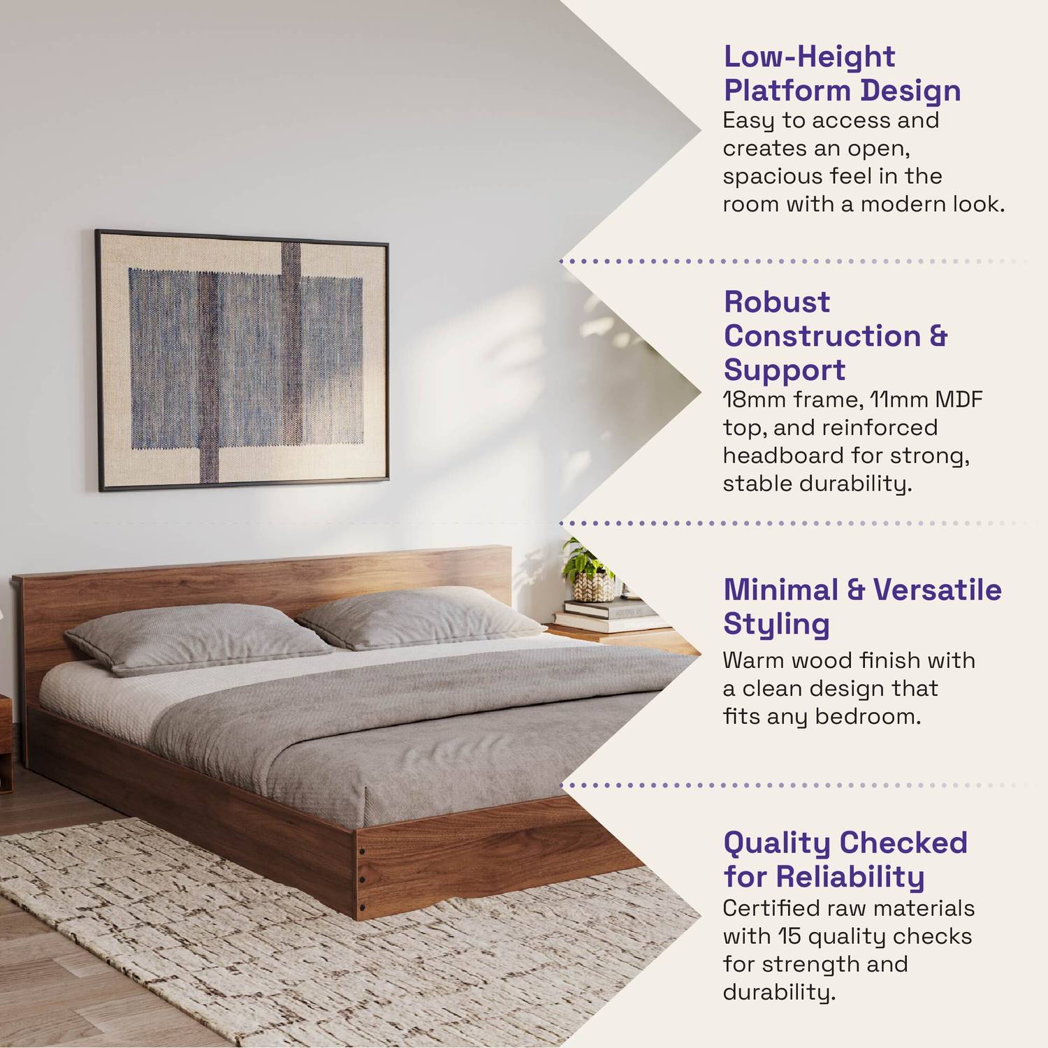 Wakefit Cosmo Platform Low Height Engineered Wood King Bed, 187.4