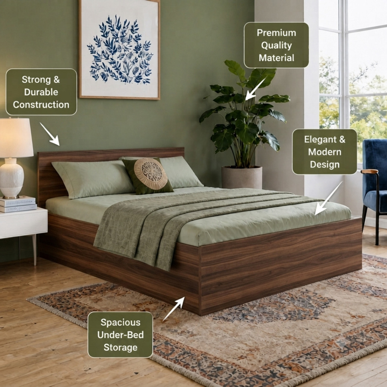 Image of Flipkart Perfect Homes Vona Bed 17mm Thick Board Bedroom Furniture Engineered Wood Queen Box Bed, 210 cm x 157 cm (6.89 ft x 5.15 ft)