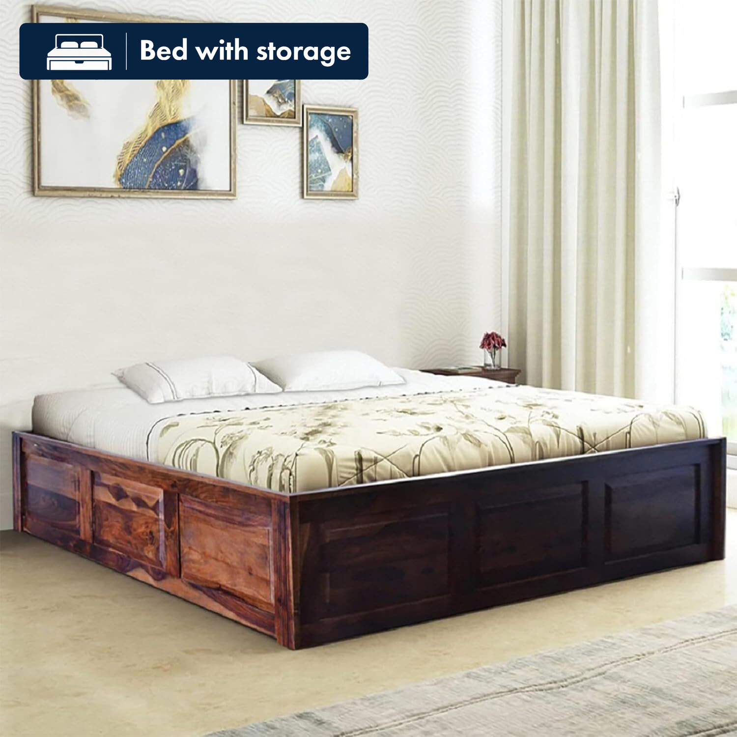 Image of Meera Handicraft Meera Handicraft bed solid sheesham wood in King size Solid Wood King Box Bed, 205.74 cm x 187.96 cm (6.75 ft x 6.17 ft)
