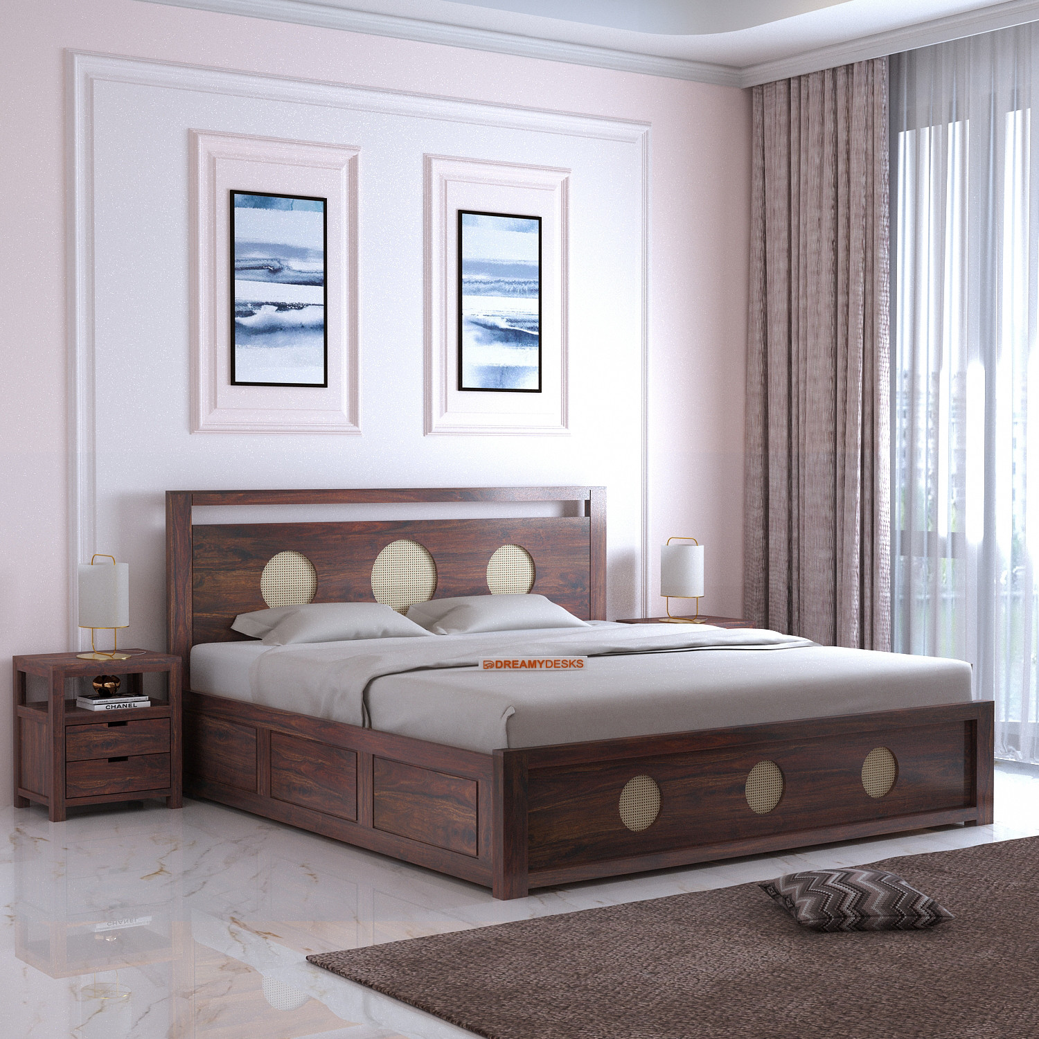 Image of Dreamydesks Regal Solid Wood Queen Box Storage Bed for Bedroom /Wooden Bed /Cot /1Year Warranty Solid Wood Queen Box Bed, 205.74 cm x 157.48 cm (6.75 ft x 5.17 ft)