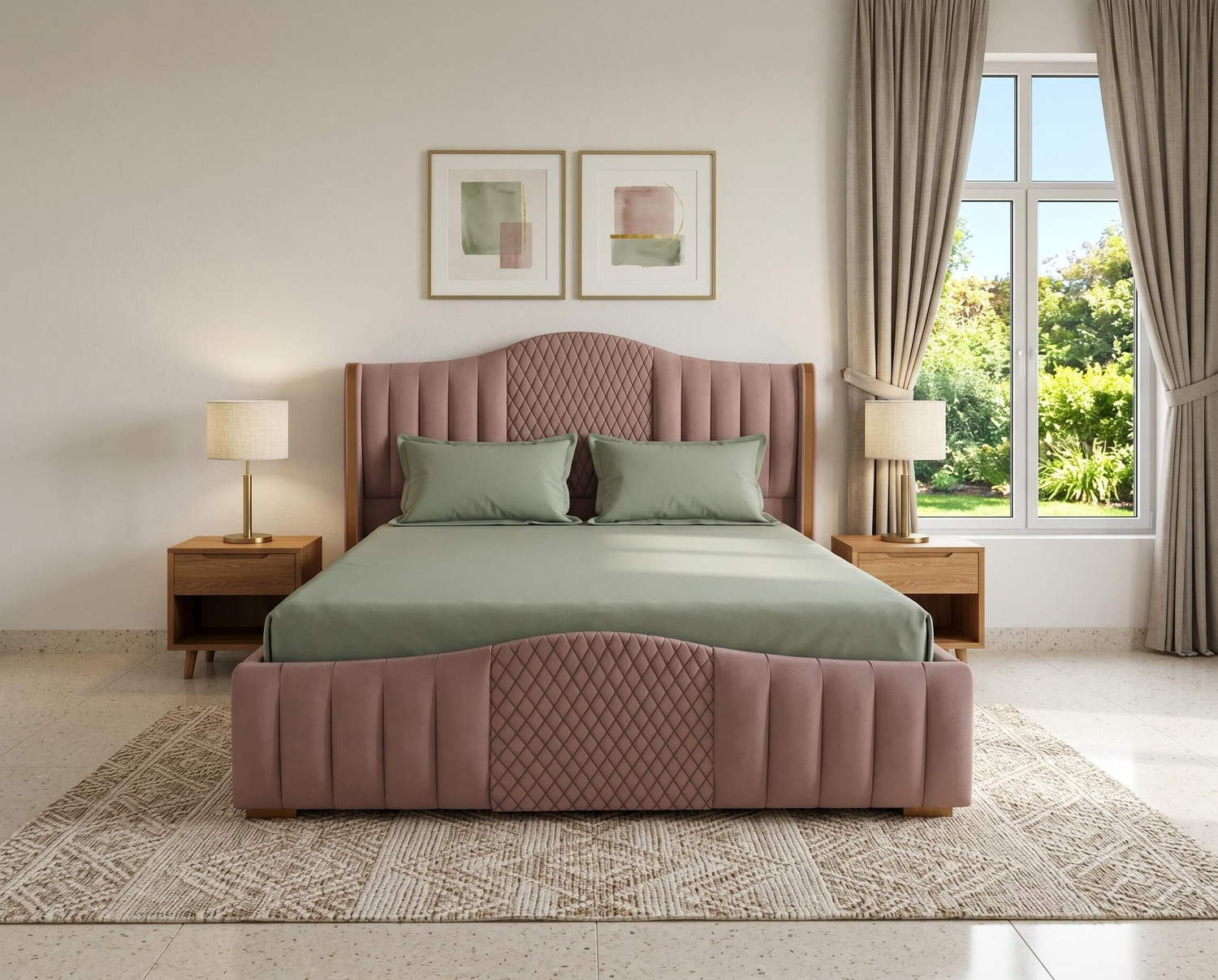 Image of Resonix Queen Size Bed With Box Storage And Upholstered Headboard Solid Wood Queen Box Bed, 208 cm x 168 cm (6.82 ft x 5.51 ft) (Finish Color - Misty Pink, Delivery Condition - DIY(Do-It-Yourself))