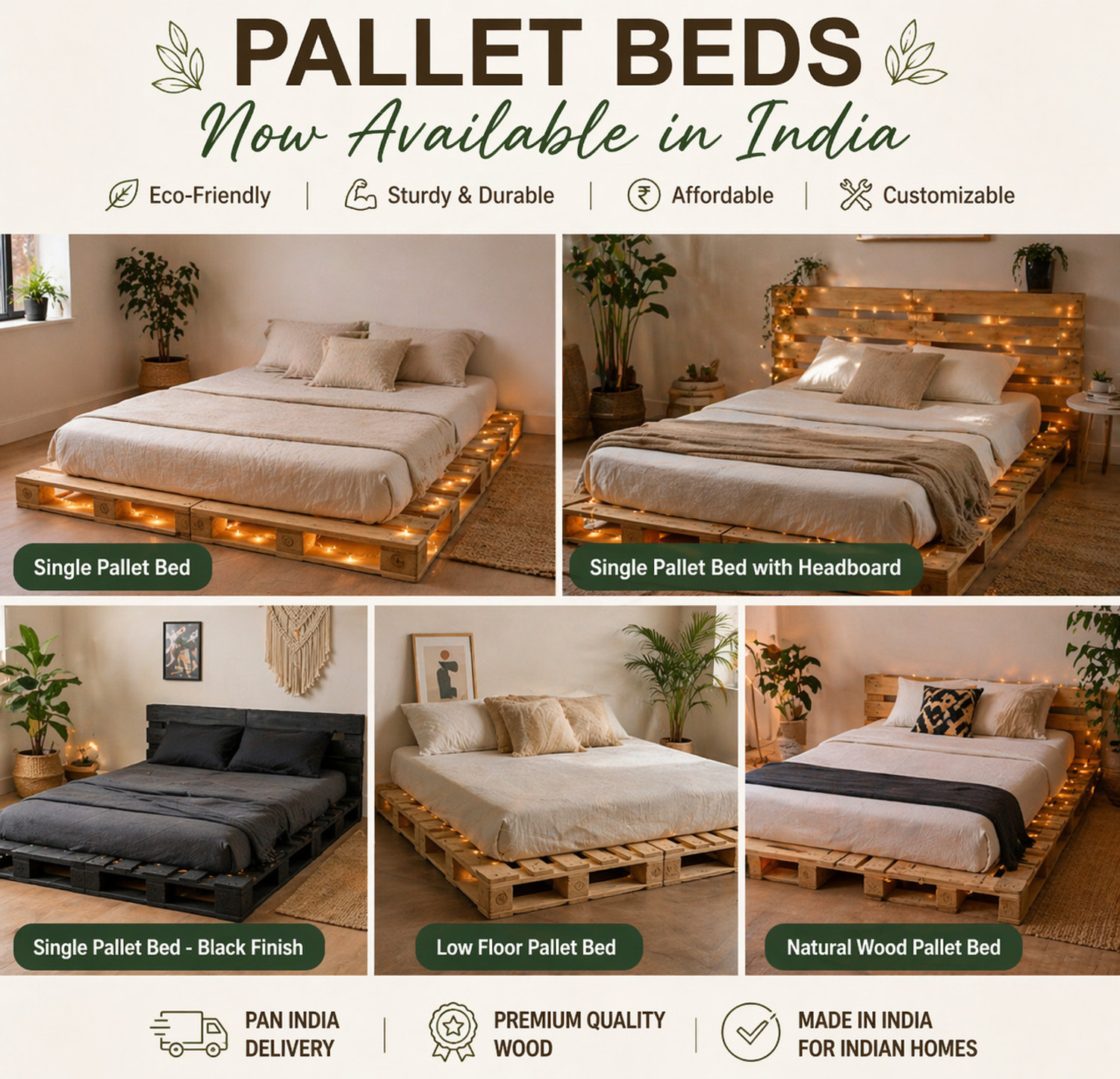 Image of wakeflt Pallet Bed with Led lights Bringing Comfort, Earthy Elegance Solid Wood Single Bed, 190 cm x 90 cm (6.23 ft x 2.95 ft)