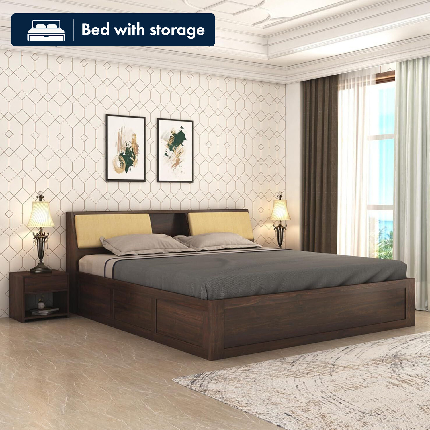 Image of SONA ART & CRAFTS Hades Sheesham Wood Queen Size Bed with Storage Box Solid Wood Queen Box Bed, 223.52 cm x 160.02 cm (7.33 ft x 5.25 ft)