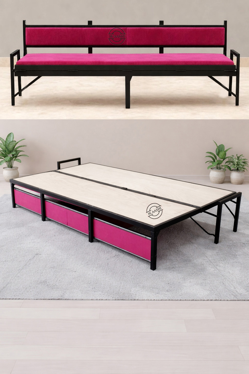Image of HKAASHI BED CUM SOFA OF METAL FRAME Metal Double Bed, 183 cm x 120 cm (6.0 ft x 3.94 ft)