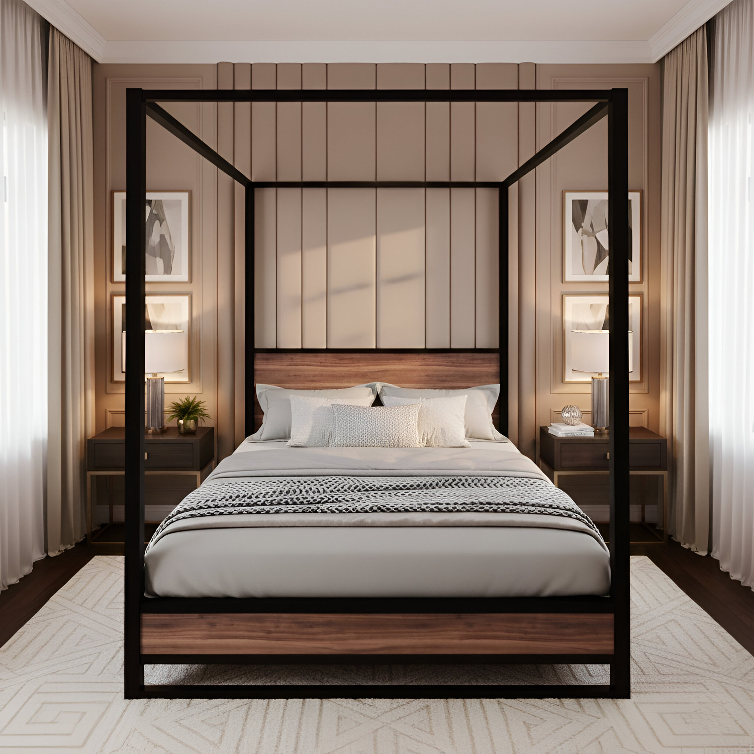 Image of homdec Gemini Four-Poster Canopy Metal Queen Bed, 208 cm x 160 cm (6.82 ft x 5.25 ft)