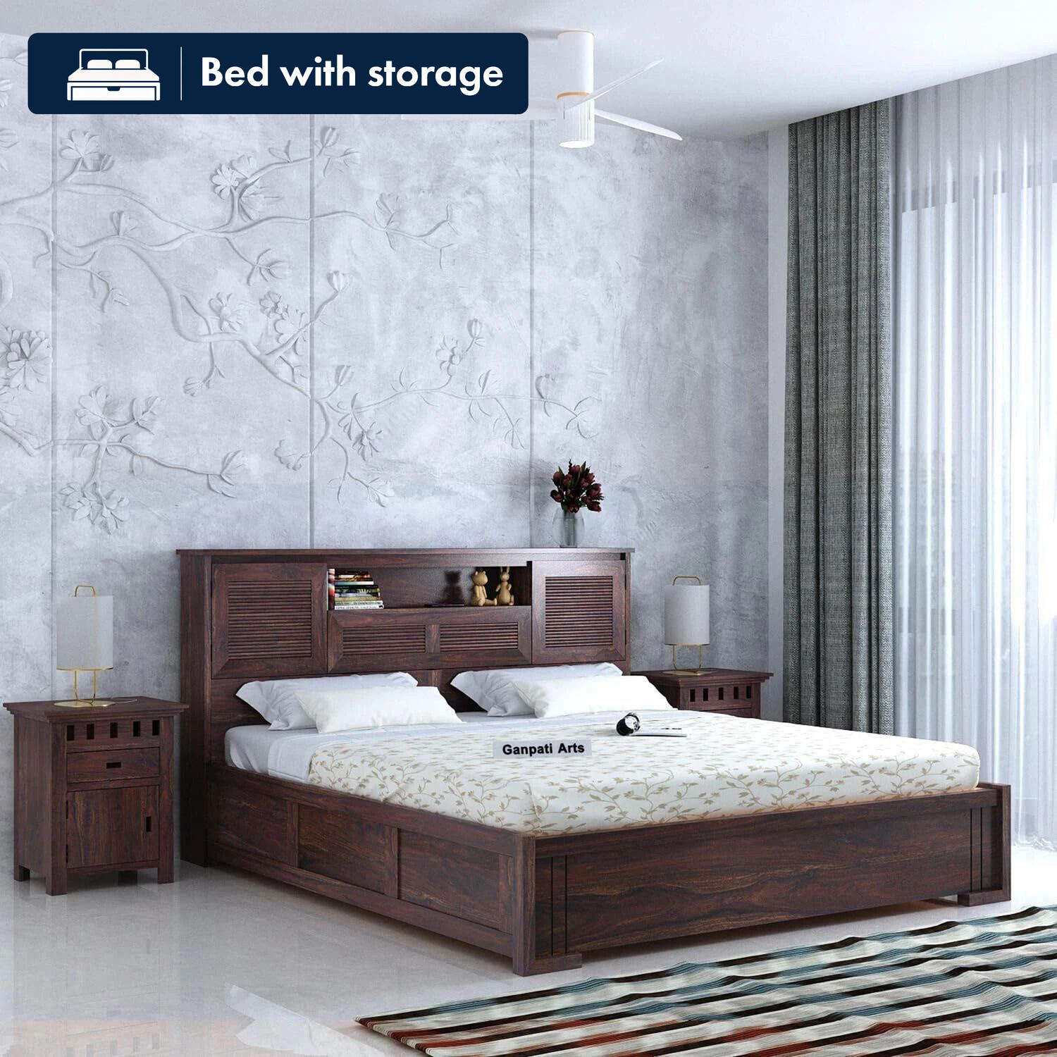 Image of Ganpati Arts Maharaja Groove Sheesham Wood Bed /Cot With Box Storage | Solid Wood King Box Bed, 218 cm x 187 cm (7.15 ft x 6.14 ft)