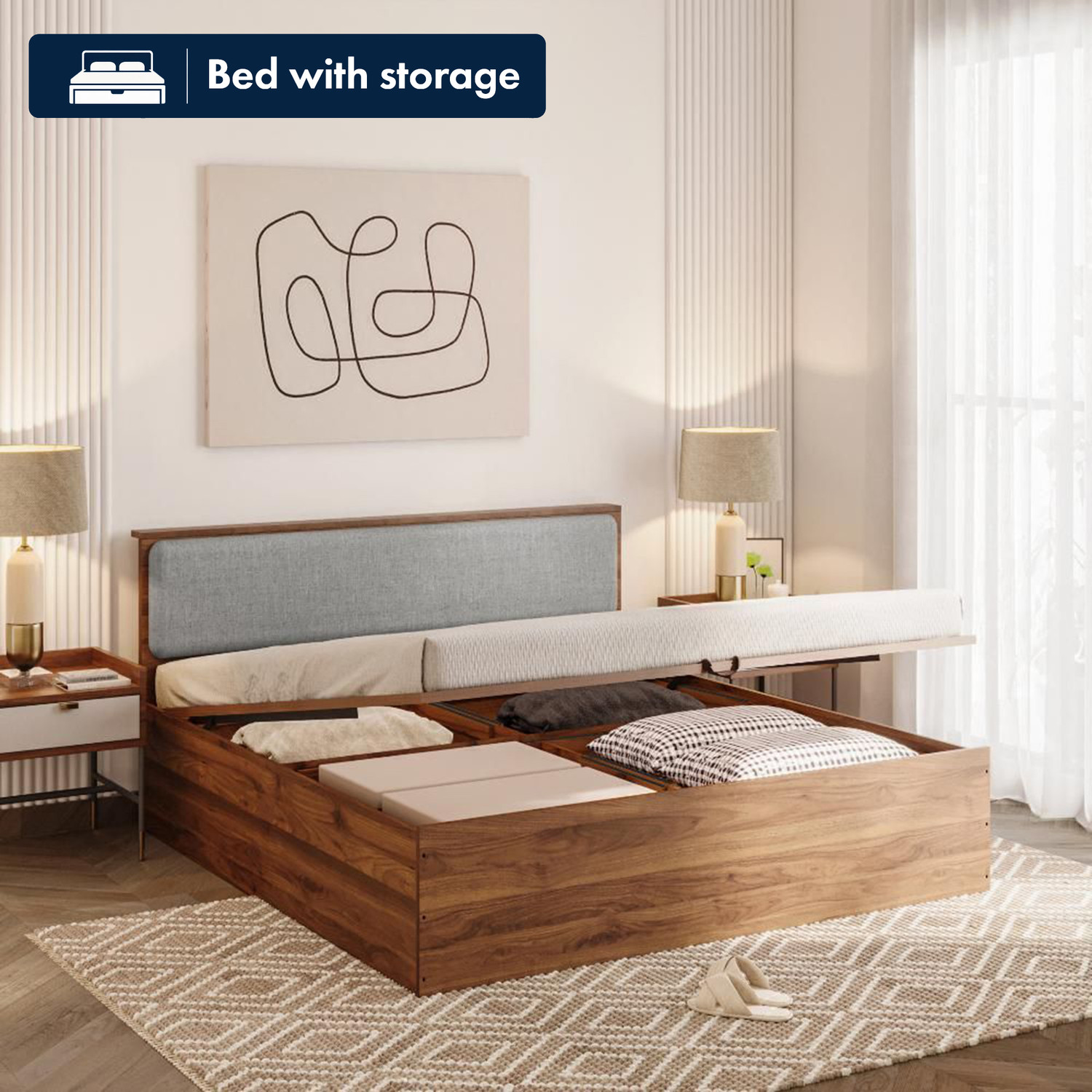 Image of Wakefit Taurus Engineered Wood King Hydraulic Bed, 209 cm x 180 cm (6.86 ft x 5.91 ft)