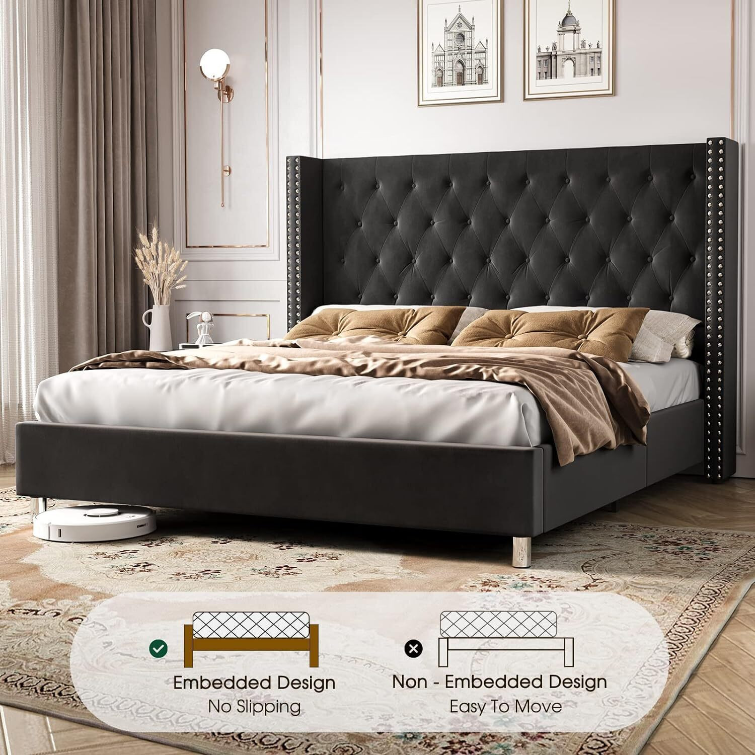 Image of FEBERICA Engineered Wood Fabric Queen Size Bed with Upholstered Headboard for Bedroom | Engineered Wood Queen Bed, 165.1 cm x 210.82 cm (5.42 ft x 6.92 ft)