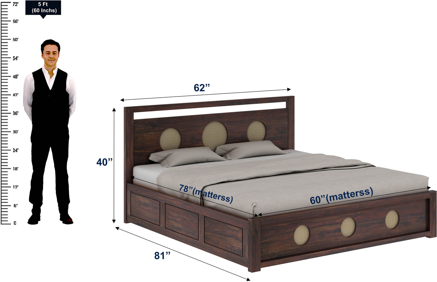 Image of Dreamydesks Regal Solid Wood Queen Box Storage Bed for Bedroom /Wooden Bed /Cot /1Year Warranty Solid Wood Queen Box Bed, 205.74 cm x 157.48 cm (6.75 ft x 5.17 ft)