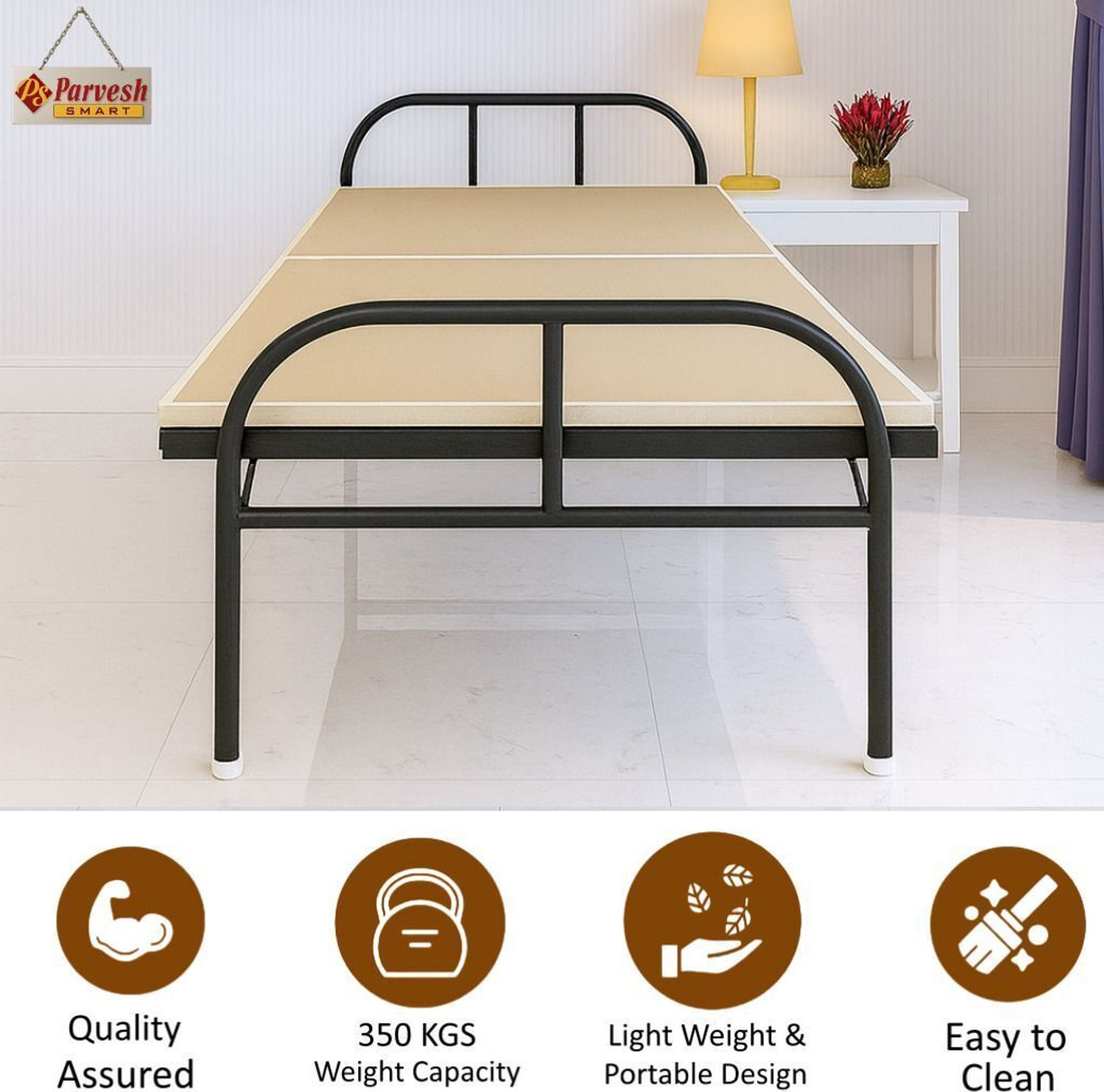 Image of PS PARVESH SMART MDF wood Bed Metal Single Bed, 181 cm x 92 cm (5.94 ft x 3.02 ft)