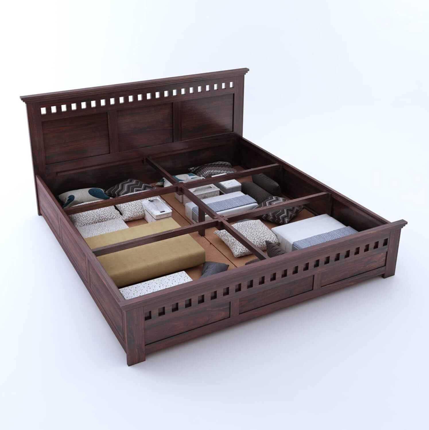 Image of WoodArt Solid Sheesham Wood Queen Size Bed with Box Storage for Bedroom Solid Wood Queen Box Bed, 209 cm x 163 cm (6.86 ft x 5.35 ft)