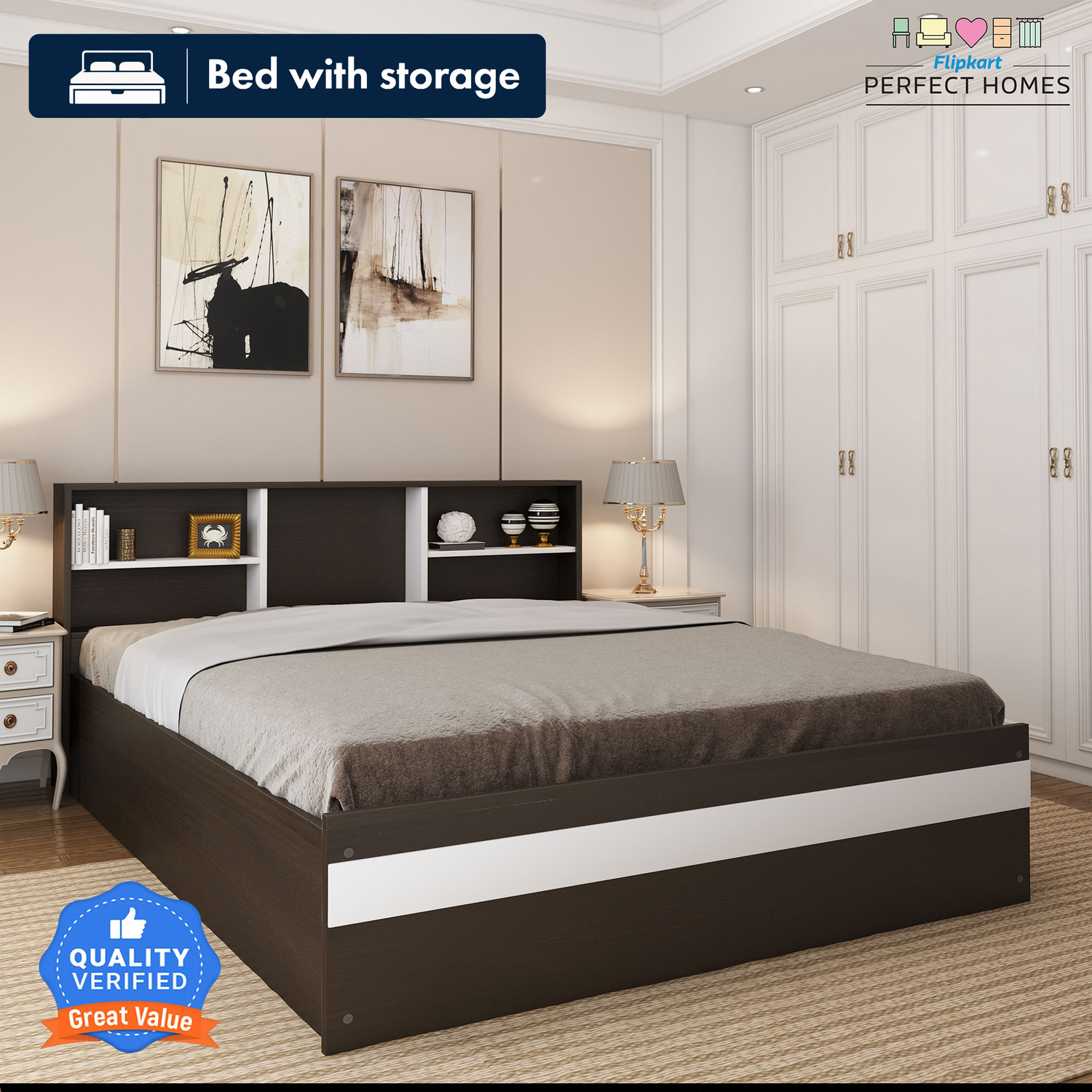 Image of Flipkart Perfect Homes Opus Engineered Wood Queen Box Bed, 213 cm x 162.3 cm (6.99 ft x 5.32 ft)